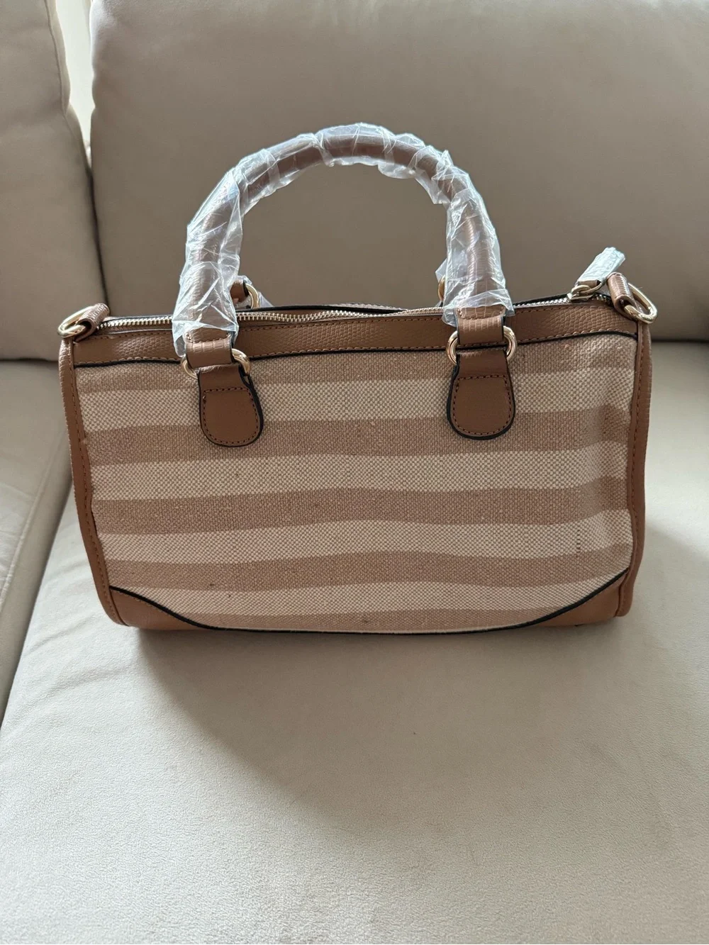 ALDO NWT Striped Satchel Crossbody Handbag Beige Camel Red Tassel